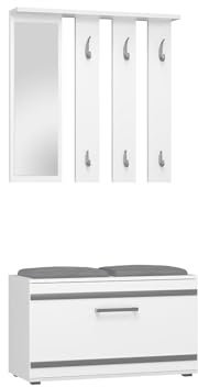 VBChome Garderobe Set 85 x 35 cm Weiß Schuhschrank Spiegel Kleiderbügel Schuhablagen Garderobe für Jacken Mantelgarderobe Flur Modern Weiß
