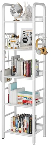 YMYNY Standregal, Bücherregal, Lagerregal mit 5 Ebenen, 8 Stück S Haken, Metallrahmen, freistehend, minimalistischer Stil, Organiser für Wohnzimmer, Home Office, Schlafzimmer, Badzimmer, Weiß HBC055W