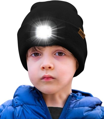 ATNKE Kids LED Lighted Beanie Hat,USB Rechargeable 4 LED Running Headlamp Ultra Bright Cap with Light Hands Free Head Torch Winter Warm Knit Beany Great Gifts for Boys and Girls/Black
