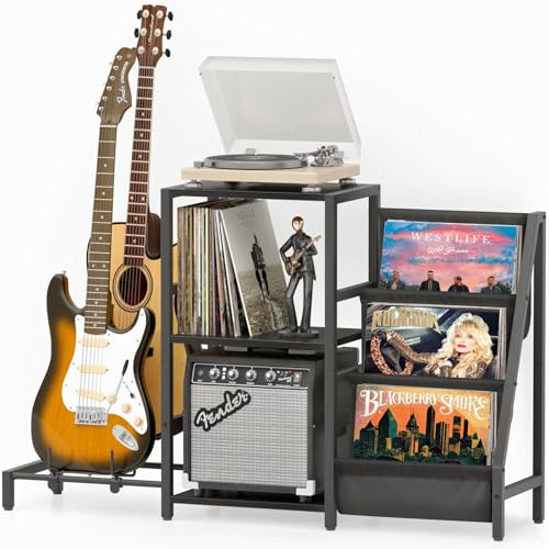 Bikoney Mid Century Modern Record Player Stand, Guitar Stand for Acoustic, Electric Guitar, Bass with Amp Stand, 3-Tier Vinyl Record Storage, Vinyl Record Display Stand for Living Room