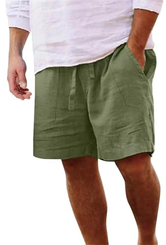 Yageshark Pantalones cortos de lino para hombre de verano Ligeros y aireados Monocromáticos de ajuste holgado Pantalones cortos de ocio, verde, M