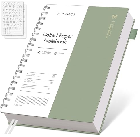 EMSHOI B5 Notebook, Spiral Dotted Journal, 300 Pages, PVC Cover, Sage Green | 100GSM Paper, Flexible Plastic Cover, Notepad with Journaling Stencils, Pocket, Pen Loop, Bookmark Ruler, 19 x 25.8cm