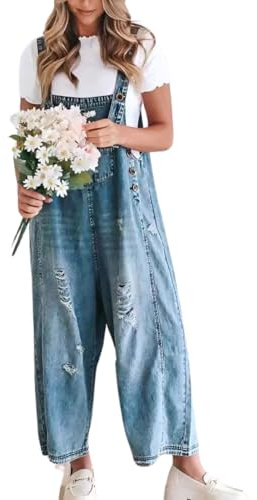 chouyatou Women Loose Adjustable Strap Denim Bib Overall Jeans Distressed Wide Leg Baggy Overalls Jumpsuit (XX-Large, Blue)