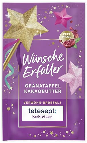 tetesept Badeträume Verwöhn Badesalz Wünscheerfüller – 12 × 50 g – Badezusatz mit fruchtig-süßem Duft nach Granatapfel & Kakaobutter – Rezeptur vegan und frei von Mikroplastik