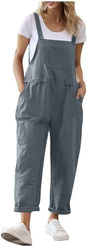Cotton Linen Dungarees for Women, Ladies Casual Overalls Baggy Wide Leg Pants Jumpsuit Linen Playsuit Ladies Playsuits for Summer