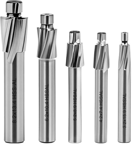 QWORK® 5 piezas fresa avellanadora, CNC fresas M3 M4 M5 M6 M8, 4 flautas, fabricada en acero de alta velocidad para un mecanizado eficiente