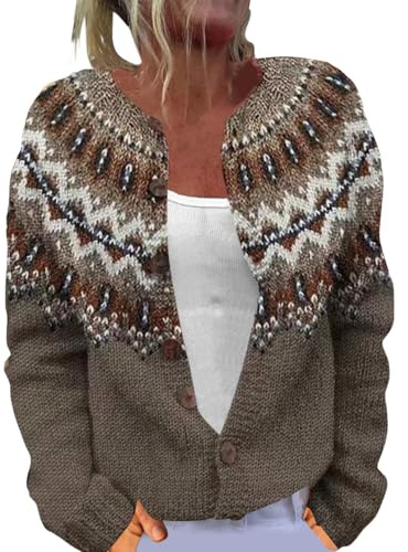 Cardigans pour Femmes UK Fair Isle Motif Nordique Tricoté Manches Longues Col Rond pour Automne et Hiver, Coffee-B., L