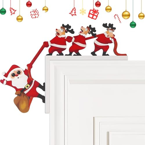 Decoración de Esquina de Puerta Navideña, Adorno Navideño de Madera para Marco de Puerta con Adhesivo Redondo y Impresión Doble Cara, Decoración para Hogar Navidad (Papá Noel+reno)
