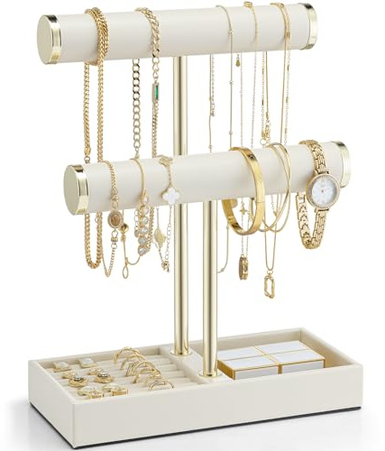Vlando 2 Tier Jewellery Stand with Tray, Jewellery Holder for Earrings Rings,Gift for Women,Cloud White