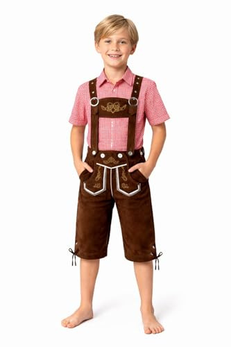 Kilts Boutique Barn Lederhosen tyg outfit, brun, bayersk oktoberfest kostym för pojkar och flickor, traditionella hängslen shorts