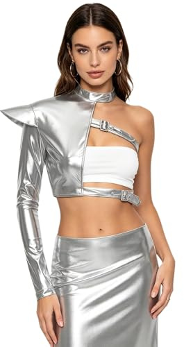 FEESHOW Femme Harnais De Corps Top Court Gothique pour Femmes Harnais De Poitrine Surmanches Scintillantes Cuir PVC Look Mouillé Bars Argent M