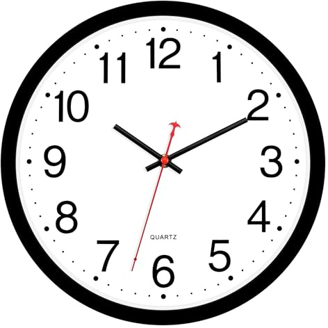 Foxtop Black Wall Clock Silent Non-Ticking 12 Inch Quartz Battery Operated Round Analog Wall Clock for Classroom School Office Living Room Bedroom Home