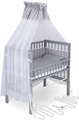 FabiMax Baby Beistellbett für Boxspringbett, TÜV geprüft 2022, inkl. Matratze und Komplett Set, Buche massiv grau, Comfort/graue Würfel