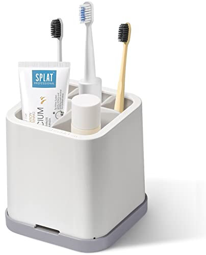 DoubleCare White Toothbrush Holder for Bathroom Detachable for Easy Clean 5 Slots Electric Toothbrush & Toothpaste Caddy for Family & Kids on Bathroom Vanity, Sink, and countertop (YJ-01)