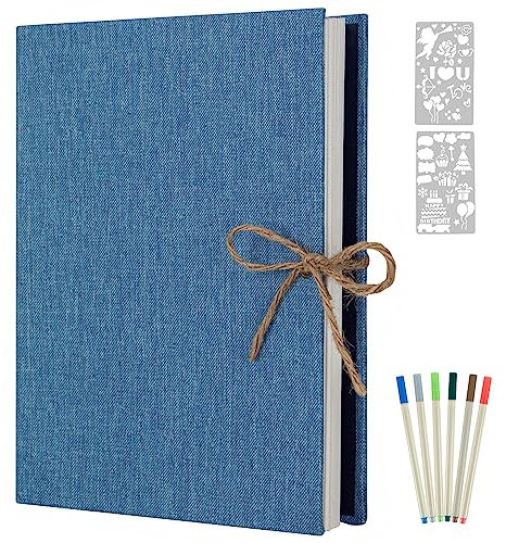 AIOR Album Foto Autoadesivo 60 Pagine Bianche, Lino Album Foto Scrapbook Guestbook, Degli Ospiti Matrimonio Regalo di Compleanno per Donna Mamma Ragazza (Blu)