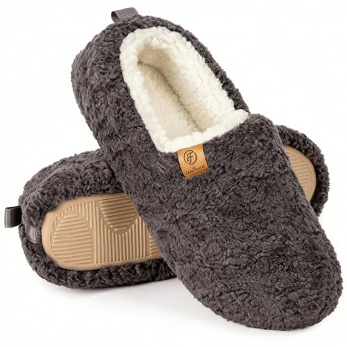 EverFoams Women’s Soft Curly Full Slippers Memory Foam Lightweight House Shoes Cozy Loafer with Polar Fleece Lining Dark Grey,8.5 US