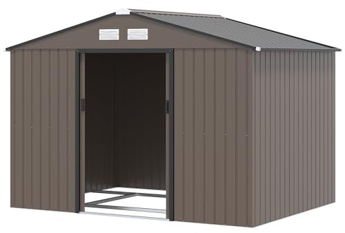 Outsunny 9 x 6ft Metal Garden Shed, Outdoor Storage Tool House with Ventilation Slots, Foundation Kit and Lockable Double Doors, Brown