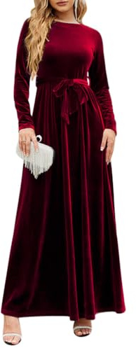 Minetom Femme Automne Hiver Longue Robe Velours Elegant Col Rond Couleur Unie Manches Longues A-Line Robe Soirée Fête Cocktail Maxi Robes A Rouge S