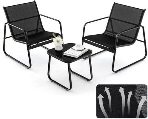 KOMFOTTEU 3 TLG. Balkonset Bistro-Set, Balkonmöbel Set mit 2 Stapelstühle aus Textilene-Stoff & Gartentisch, Garten Sitzgarnitur Sitzgruppe für Balkon Terrassen, Schwarz