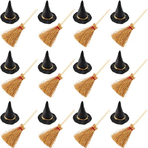 GXXMEI 24PCS/Set Mini Witch Hat with Mini Broom Miniature Straw Brooms with Red Rope Plastic Witch Hats and Brooms for Halloween for Halloween Party Craft Witches Decoration Accessory