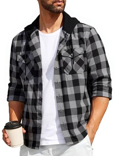 SwissWell Holzfällerhemd Herren Hemd Kariert Langarm Hemdjacke Männer Flanellhemd mit Kapuze Outdoor Holzfäller Jacke Dunkelgrau XXL