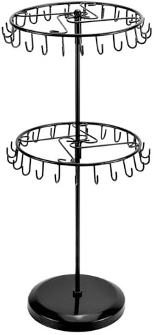 QWORK® Espositore per gioielli rotante a 2 livelli, albero per gioielli a 46 ganci per collane e bracciali, anelli e orecchini - A48 x L20,5 cm - Nero