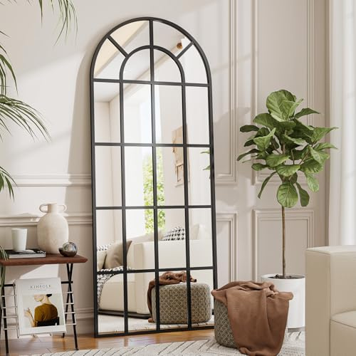 Koonmi 60x165 cm Fensterscheibe Gewölbter Ganzkörperspiegel - Raster-Designed Dekorative Vollkörper Wandspiegel mit Metallrahmen hängend Schrägung für den Eingang, Wohnzimmer Dekoration, Schwarz