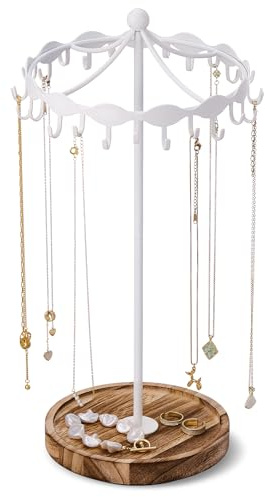 Lolalet Soporte para Joyas Collares Giratorio con Ganchos Metálicos, Estante Joyero Porta Carruseles Organizador Colgador Independiente para Collares Largos Cadenas -Blanco