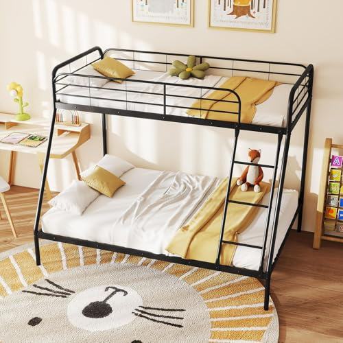COSTWAY Metal Bunk Bed, Single over Double Loft Bed Frame with Ladder and Safety Guardrail, Space-Saving Bedroom Dorm Apartment Furniture Triple Sleeper Platform Beds for Adults Teens Kids (Black)