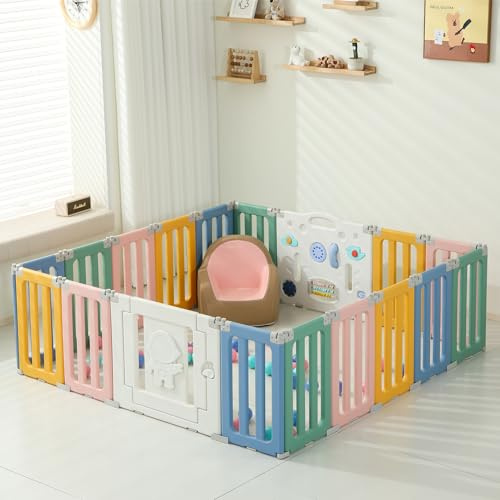 Federedo 18 Panels Baby Play Pen, Extra Large Baby Playpen, Foldable Astronauts Play Pens for Babies and Toddlers, Adjustable Portable Fence Gate Playpen Yard, Colorful