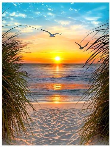 NPCSWXQ Sunset on The Beach Diamond Art Kits for Adults Beginners, Seaside Reeds 5D Diamond Painting Gem Art Adults Kit, DIY Full Drill Crystal Dots for Home Wall Bedroom or Office Decor Gift 30x40cm