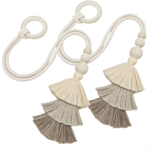 Zilimontt 2 lazos de cortina bohemios con cuentas de madera y decoración de borlas, hebillas de cortina de tela y madera para sala de estar, oficina, restaurante, accesorios de tratamiento de ventanas