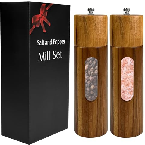 Amdoticknpf 2 Stück Pfeffermühle, Gewürzmühle, Salz und Pfeffermühle Aus, Salz und Pfeffermühlen Holz, Holz Mühle mit Verstellbarem Keramikmahlwe Mahlwerk, Salzmühlen mit Acrylfenster, für Gewürze