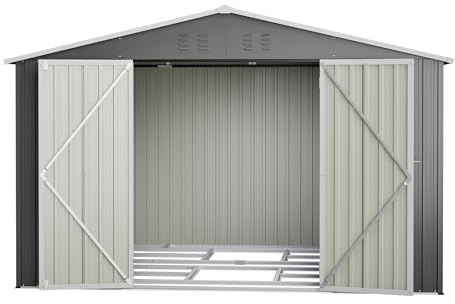 XXXL Capanno degli attrezzi 3x2,5m (300x252 cm) – Grande casetta da giardino con tetto a due spioventi e 2 porte scorrevoli. Capanno in acciaio per motociclette e biciclette. Grigio.
