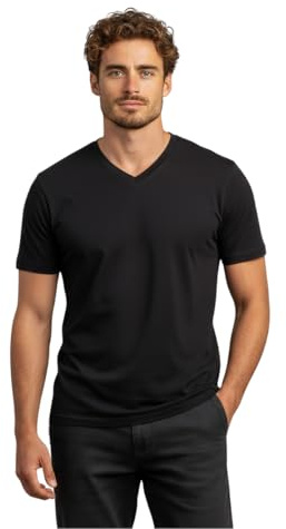 menique Men's 100% Merino Wool V-Neck T-Shirt Lightweight Top, Black, S