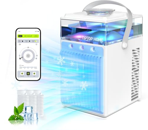 Portable Air Conditioner, 4-IN-1 Evaporative Air Cooler with App Control, 800ml Water Tank, Rechargeable Mini Air Conditioner, 3 Speeds & 3 Mist, Colorful Night Light Cooling Fan