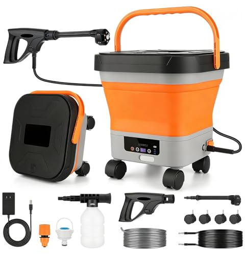 VeftBltrem Rondella elettrica portatile ad alta pressione con serbatoio dell'acqua da 13 litri e ugello multifunzione 6 in 1, 7 livelli di pressione regolabili, pulitore a spruzzo con ruote per auto