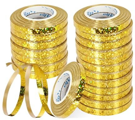 20 PCS Serpentinas Metalicas 10 M X 5 MM,Serpentina Cumpleaños Regalo,HMCEY Curling Ribbon,Cinta Brillante para Envolver Regalos,Cinta Decorativa Globos para Manualidades, Bricolaje, Fiestas - Oro
