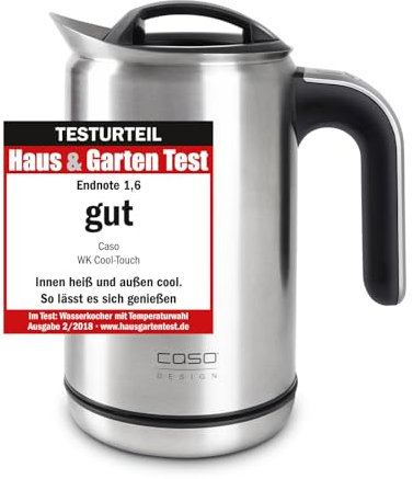 CASO WK Cool Touch, Edelstahl Wasserkocher mit Temperatureinstellung, doppelwandiges Gehäuse: wird außen nicht heiß, sparsame 1800 Watt, Silber