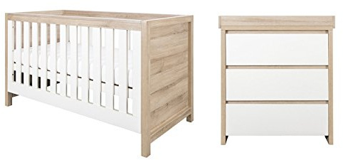Tutti Bambini Modena Nursery Furniture Set (2 Piece) | Convertible Baby Cot Bed and Chest of Drawers Changer | Solid Wood Furniture (Oak & White)