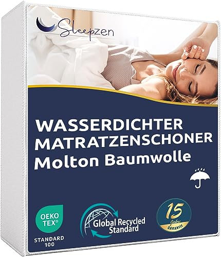 SLEEPZEN - Molton Matratzenauflage 200 x 220 cm Wasserdicht - Atmungsaktiv, Geräuscharm, 100% Baumwolle, Matratzenschoner 200 x 220, Hochwertige Qualität, Oeko-Tex®-Zertifiziert, Spannbetttuchform