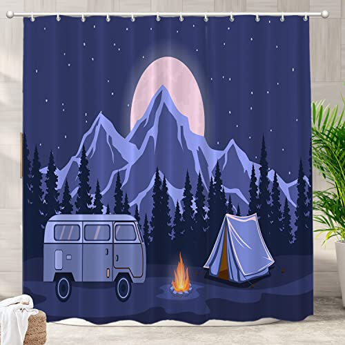 Batmerry Adventure Camping Shower Curtain - RV Camper Van Design, Long Wide With Rust Proof Grommets for Bathroom, Farmhouse, Bathtub - Waterproof and Washable