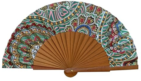 Abanico Español Aire - Madera y Algodón - 23 cm - Estuche y Funda de Yute - Accesorio de Moda - Hecho a Mano en España - Eventos y Regalos - Colección Geometrías - Tusitala Barcelona