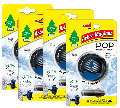 Arbre Magique POP, parfum auto solide, bleu velours, chaud et relaxant, durée jusqu'à 30 jours, design italien, lot de 4 pièces