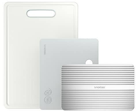 Linoroso Tabla de cortar cocina de plástico apta para alimentos,apto para lavavajillas,36.3 x 25.3 x 1.2,Ideal Para Carnes,Verduras,Queso y Pan,etc,Con bandeja para descongelar - Blanca