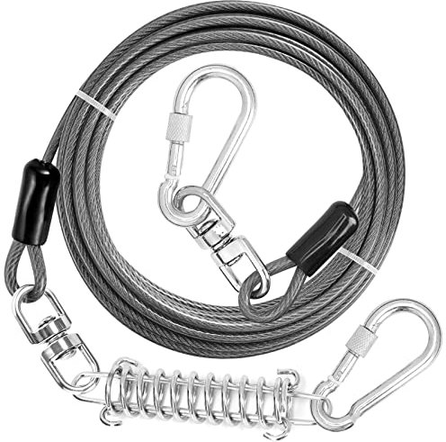 jenico Cable de amarre para perro, 10/15/20/30/40/50/70/100/150 pies con gancho giratorio y resorte de choque, correa de perro para patio al aire libre y camping, para mascotas pequeñas a medianas de