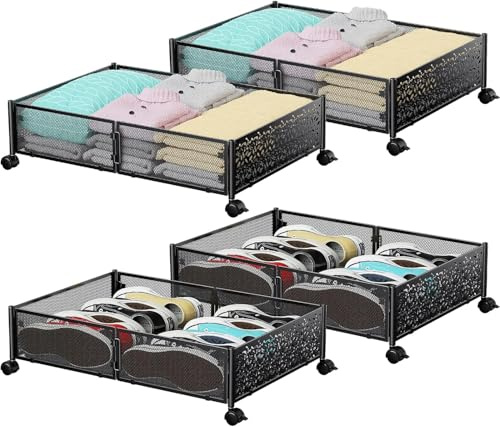 PHINOX Caja de Almacenaje Bajo Cama Negra - 4 Piezas, Caja Metálica Resistente con Ruedas para Ropa, Organizador de Mantas, Juguetes y Zapatos, Diseño de Apertura Amplia, Montaje Sencillo