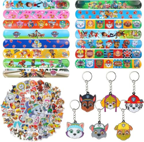 GUBOOM 71 Piezas Patrulla Canina Favores de Fiesta, Patrulla Canina Regalos de Fiesta para Niños, Paw Juguetes de Cumpleaños Infantiles, 15 Pulseras Patrulla + 6 Llaveros Figuras + 50 Pegatinas