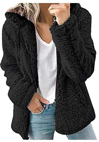 Womens Fleece Hoodie Jacket Sherpa Lined Full Zip up Winter Warm Soft Teddy Fleece Hooded Sweatshirt Fluffy Jumper Hoody Sweater Coat Overcoat Cardigan Ladies Hoodie UK Sale Clearance