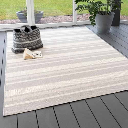 Steffensmeier In- und Outdoor Teppich Bergen Küche Balkon Garten Flur, wasserfest, Kunststoff, Streifen Grau, Größe: 120x170 cm